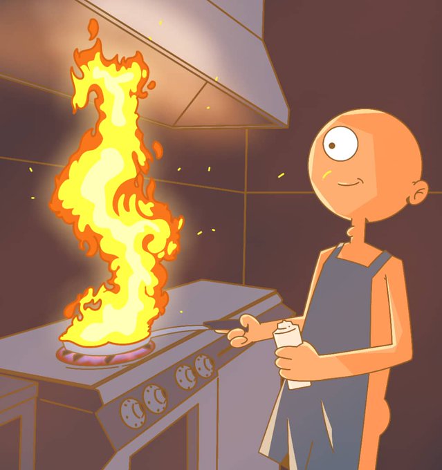 The image features a cartoon character, possibly a chef or an artist, standing next to a stove with a fire burning on top of it. The character appears to be looking at the fire, which has turned into flames due to the heat from the stove. The background is dark and out of focus, drawing attention to the main subject in the foreground.

The post seems to be related to the image as it contains text that reads "ᵗʰᵉ ᵍ00ᶠˢ ᵃʳᵉ ᵁᵀᵀᴬᴵᴸˢ ƐƒƒƓƙơƚƣƥƦƯưƱƲƳƴƵƷƹƺ". The post is about a fire that has turned into flames, possibly caused by the heat from an oven.