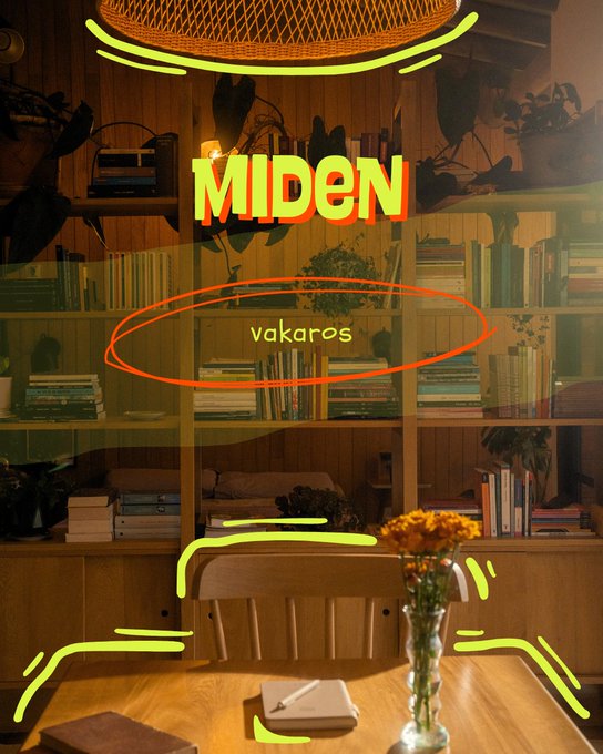An interior scene of a room with bookshelves and a desk, overlaid with neon-style annotations including the text 'MIDEN' and 'vakaros' circled in orange.