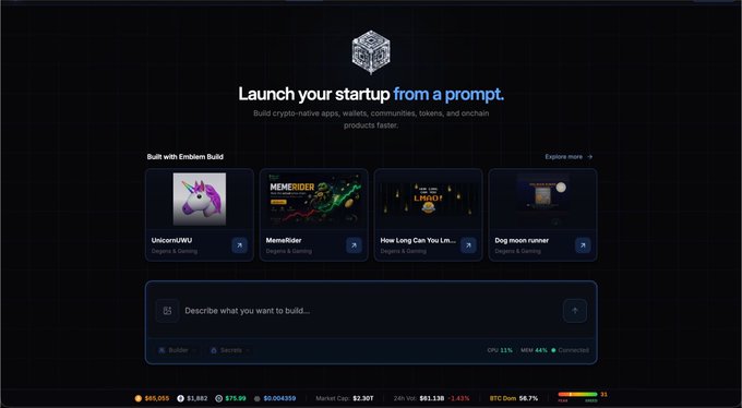 Screenshot of Emblem Build platform with the tagline 'Launch your startup from a prompt,' showing crypto-native app templates like Unicorn (WU), MemeRider, How Long Can You Live, and Dog moon runner.