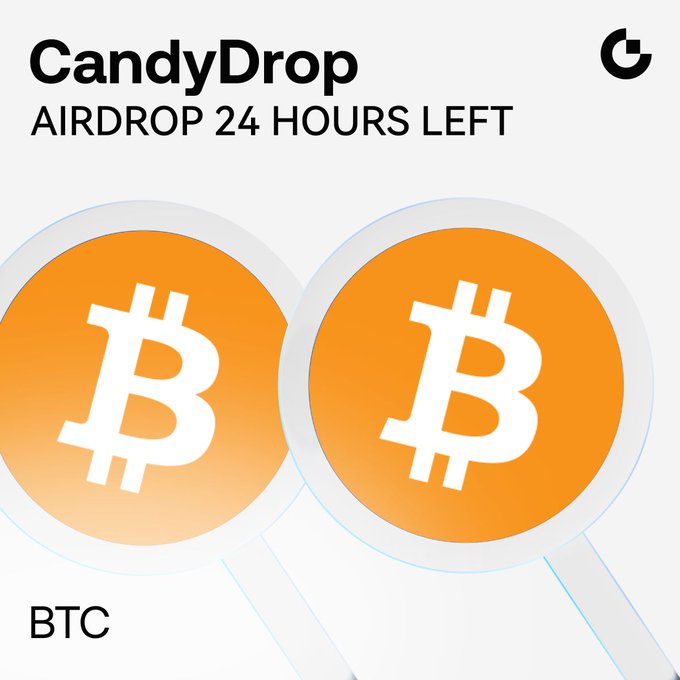 A promotional image for 'CandyDrop' showing two Bitcoin (BTC) icons with text 'AIRDROP 24 HOURS LEFT'.