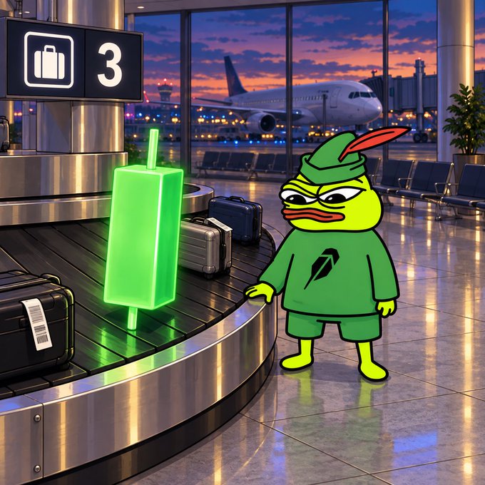 An AI-generated scene at an airport baggage claim featuring a Pepe the Frog character in green outfit with feathered hat standing next to a glowing green luggage-shaped object on the carousel.