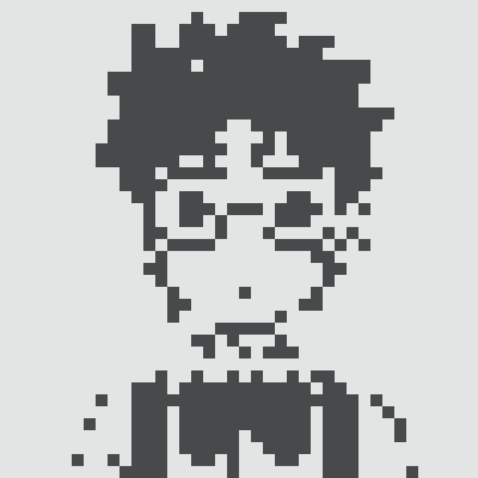 A pixelated black and white portrait of a person wearing glasses and a striped shirt.