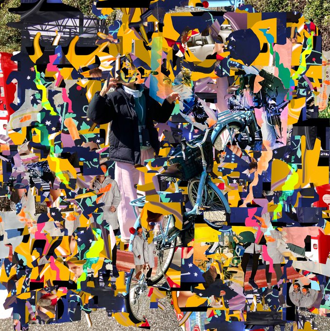 A heavily stylized, chaotic digital collage overlays colorful abstract shapes and star patterns onto a photograph of a person in a dark hoodie standing beside a blue bicycle.