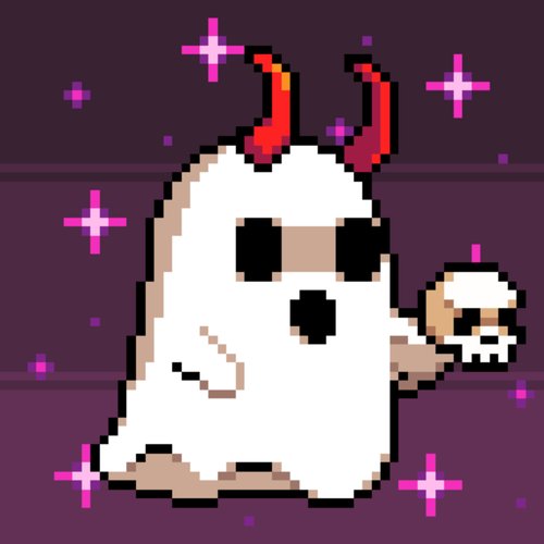 A pixel art ghost with red horns holds a skull and a drink against a purple background with pink sparkles.