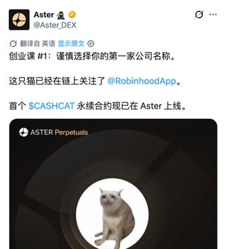 A tweet from Aster (@Aster_DEX) announcing $CASHCAT perpetual contract launch on Aster, featuring a cat meme image with 'ASTER Perpetuals' text and Chinese commentary translating to 'Choose your first company name carefully.'