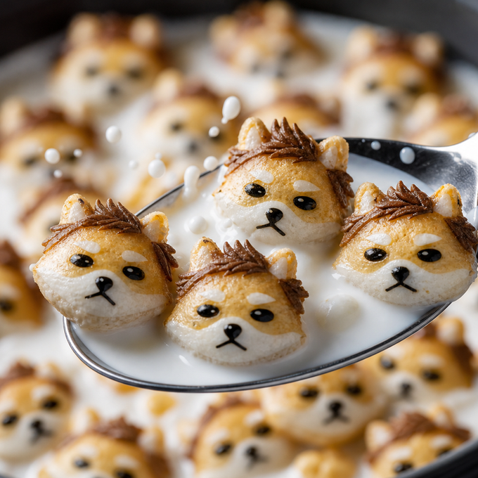 A spoon lifting several cute, bear-shaped cream-filled pastries with chocolate faces and fur out of a bowl of milk.