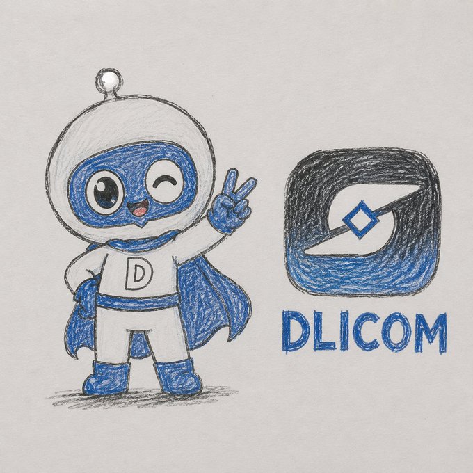 The image features a cartoon drawing of a person wearing a blue and white outfit, with their arms raised in a peace sign. The drawing also includes a logo for an app called "DLICOM" that has a stylized design featuring a blue shield with a diamond shape at its center. The text on the image reads: "A simple sketch a big dream Every great idea starts with a single line Today its just a drawing but tomorrow it could become something much bigger #DLICOM is all about innovation connection and building a stronger community together".