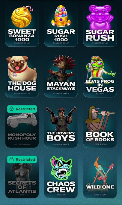 A casino game selection screen displaying slots and games including Sweet Bonanza 1000, Sugar Rush 1000, Sugar Rush, The Dog House, Mayan Stackways, Elvis Frog in Vegas, Monopoly Rush Hour, The Bowery Boys, Book of Books, Secrets of Atlantis, Chaos Crew, and Wild One, with some marked as Restricted.