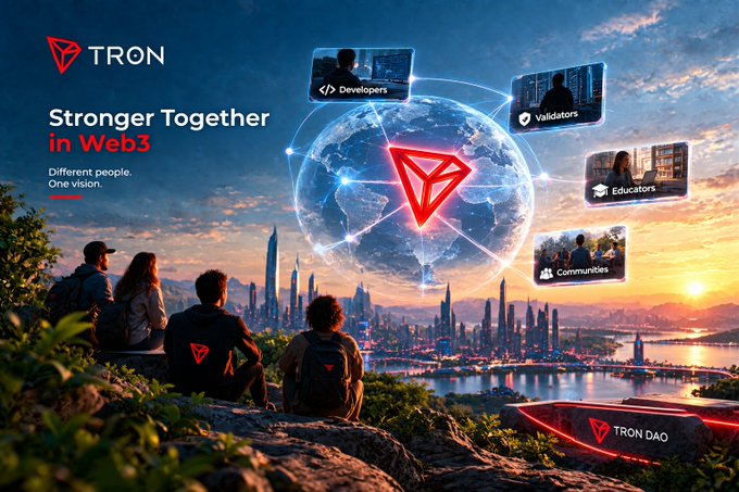 A promotional graphic for TRON DAO with the tagline 'Stronger Together in Web3' and 'Different people. One vision.' It features people overlooking a futuristic city with a glowing TRON logo and icons for Developers, Validators, Educators, and Communities.