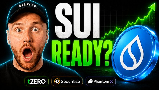 A shocked-looking man wearing an "Infinite" cap appears beside the text "SUI READY?" with a rising green chart and the Sui (blue droplet) logo, promoting a new YouTube video by InvestorJorda about SUI's price outlook and a target for holders, traders, or potential buyers.