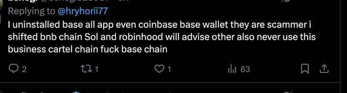 A Twitter reply to @hryhorii77 stating: 'I uninstalled base all app even coinbase base wallet they are scammer i shifted bnb chain Sol and robinhood will advise other also never use this business cartel chain fuck base chain' (63 views).