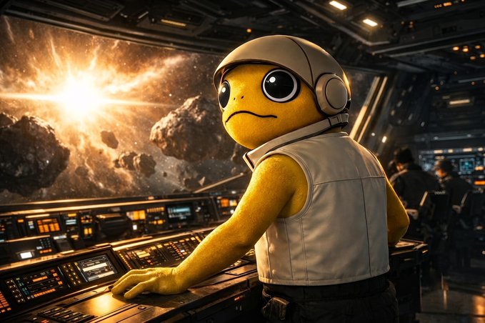 A worried-looking yellow cartoon character in a spacesuit and helmet stands at a spaceship control panel, gazing out at a dramatic asteroid field and bright cosmic explosion through the cockpit window. The image visually echoes the post's message of navigating uncertainty, with the character appearing to face the unknown depths of space—mirroring the sentiment of trusting the process amid turbulence, reinforced by the $TURBO ticker symbol.