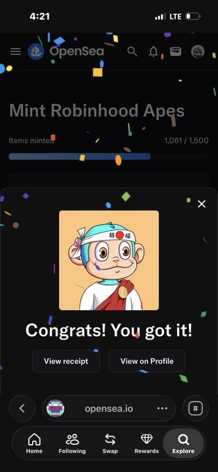 A screenshot from OpenSea showing a successful mint of a Robinhood Apes NFT (1,061/1,500 minted), displaying a cartoon ape character with the message "Congrats! You got it!"—capturing the moment of securing a guaranteed drop spot referenced in the post.