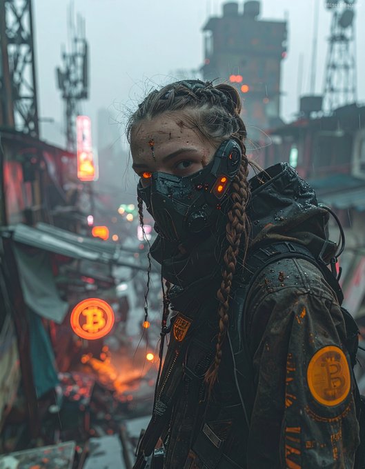A cyberpunk-style portrait of a person with braided hair wearing a high-tech mask with glowing orange lights, standing in a rainy dystopian cityscape with a Bitcoin logo visible in the background.