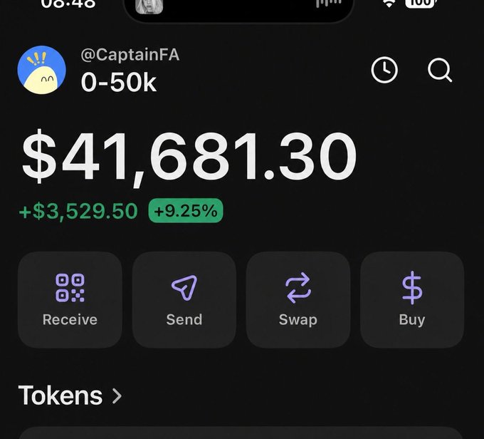 A crypto portfolio screenshot from wallet address @CaptainFA showing a balance of $41,681.30 (+$3,529.50, +9.25%), displayed above action buttons for Receive, Send, Swap, and Buy. The image illustrates the poster's claim that 0.5 SOL can grow into a substantial portfolio, teasing a giveaway where small investments yield significant returns.