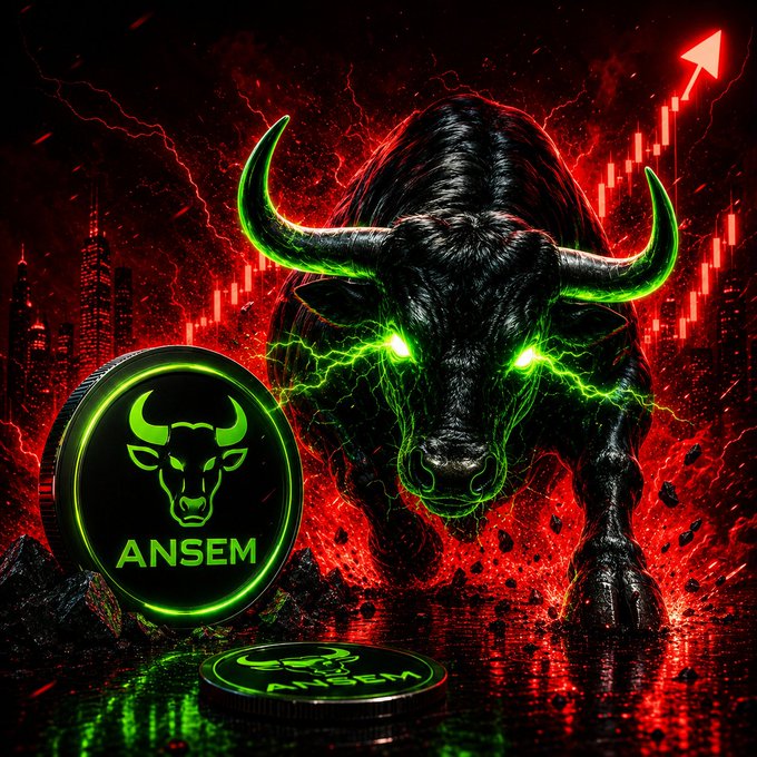 A fierce black bull with glowing green horns and eyes charges forward amid red lightning, with a green-up arrow and stock chart in the background, alongside a coin labeled "ANSEM" featuring the bull's logo.