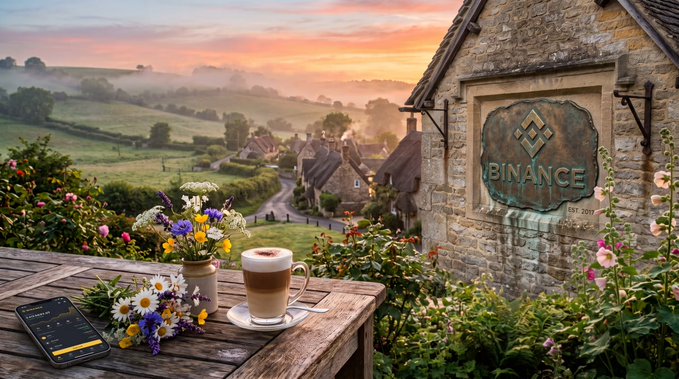 A scenic landscape illustration showing a countryside view at sunset with a stone building featuring a 'BINANCE EST. 2017' plaque, a wooden table with a coffee cup, flowers, and a smartphone displaying a trading app.