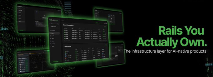 A promotional banner for a tech platform reading 'Rails You Actually Own. The infrastructure layer for AI-native products' displayed alongside dark-themed dashboard interfaces.