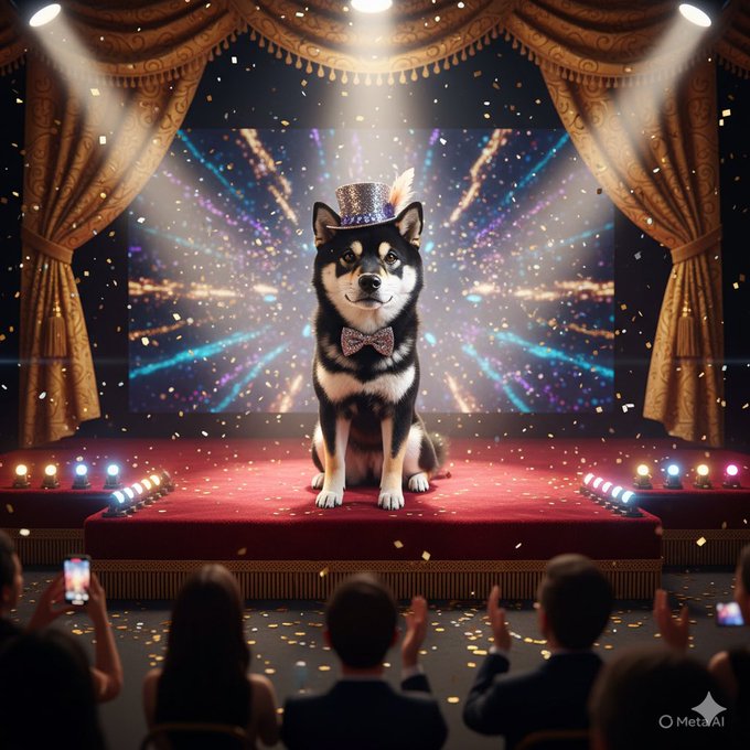 The image features a dog wearing a top hat, sitting on a stage with an audience of people behind him. A banner can be seen in the background that reads "Manyu flag at the summit The bear is defeated Ready for the Bull! Who’s running with the pack? @RealManyu #TheManyusNFTs swap.manyushiba.com mint.manyushiba.com".
