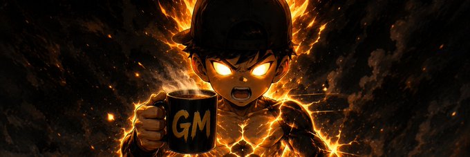 A fiery anime-style illustration of a character with glowing eyes holding a black mug that says 'GM', with flames erupting in the background.