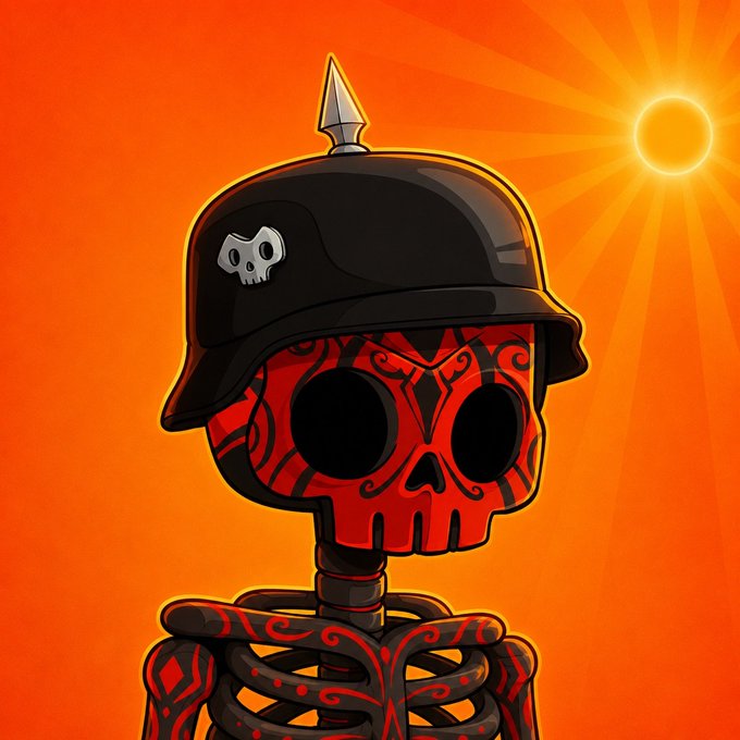 An illustration of a skeleton wearing a spiked German-style helmet, featuring decorative red patterns on its skull and ribcage against an orange sunset background.
