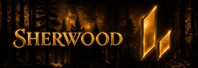 The word 'SHERWOOD' in glowing gold text next to a stylized golden logo, set against a dark forest background.