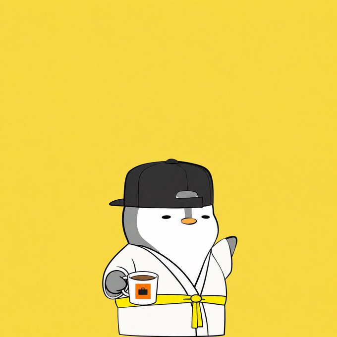 Illustration of a cute cartoon penguin wearing a backwards black cap and a white robe with a yellow belt, holding a mug with an orange square logo against a yellow background.