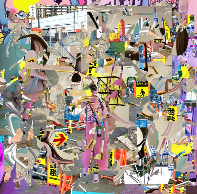A colorful chaotic collage-style digital artwork filled with Japanese text, street signs, construction elements, cartoon figures, and urban imagery rendered in vibrant pinks, yellows, blues, and greens.