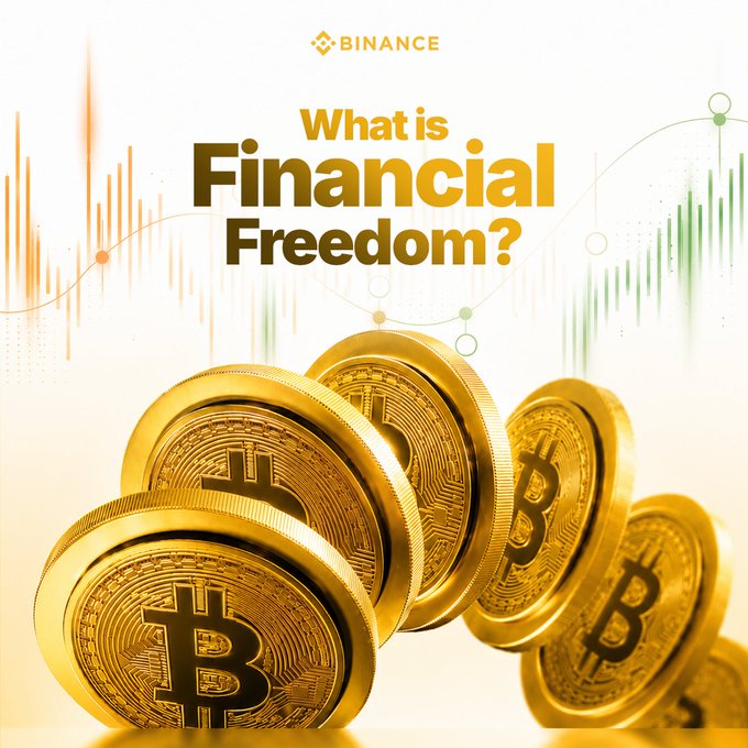 A Binance-branded graphic featuring the question "What is Financial Freedom?" above a stack of golden Bitcoin coins, with candlestick charts in the background—visually tying into the prompt's invitation for followers to share their personal definitions and paths toward financial freedom through the #MyFinancialFreedom campaign.