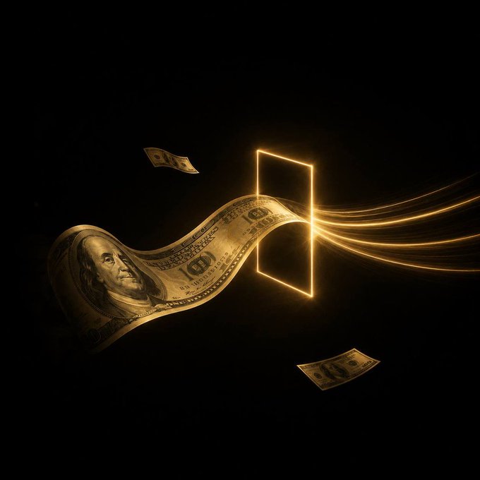 An artistic image showing a flowing hundred-dollar bill and smaller bills passing through a glowing golden rectangular portal on a black background.