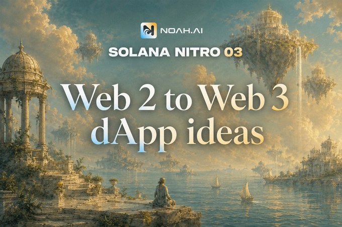 A promotional graphic for 'NOAH.AI' and 'SOLANA NITRO 03' advertising 'Web 2 to Web 3 dApp ideas' set against a fantasy landscape with floating islands and classical architecture.