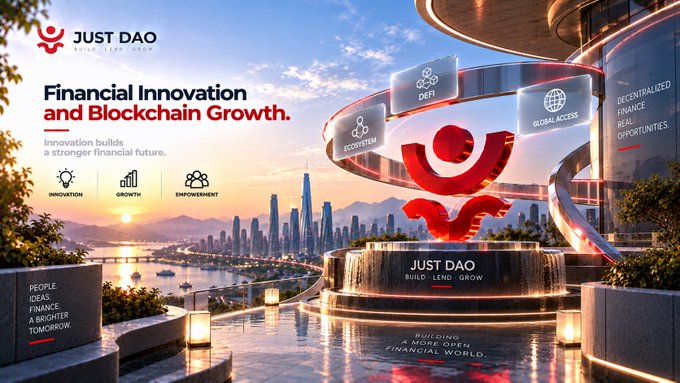 A promotional graphic for 'JUST DAO' featuring the tagline 'Financial Innovation and Blockchain Growth,' with icons for DeFi, Ecosystem, and Global Access set against a futuristic cityscape.