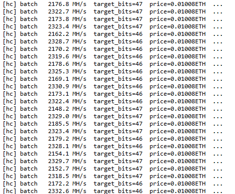 A screenshot of a terminal displaying continuous mining logs from HashCats, showing hash rates fluctuating between approximately 2150-2330 MH/s while targeting 46-47 bits at a price of 0.0100 BETH per batch, reflecting the ongoing operation referenced by "Keep running @hashcats_rh".