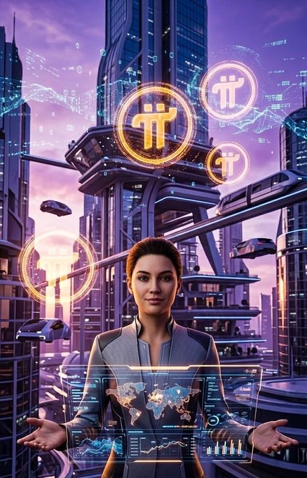 Futuristic digital illustration of a woman with a holographic globe display, surrounded by Pi (π) cryptocurrency logos floating over a cyberpunk cityscape.