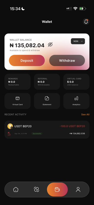 A mobile wallet app screenshot showing a balance of ₦135,082.04 NGN with Deposit and Withdraw buttons, recent activity including a -100.0 USDT BEP20 transfer, and a USD balance of $0.00.