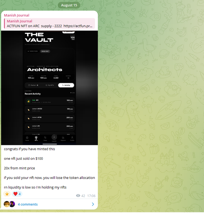 A Telegram message from Manish Journal discussing ACTFUN NFT on ARC supply, mentioning congratulations for minting, one NFT selling at $100 (20x from mint price), and holding NFTs due to low RN liquidity.