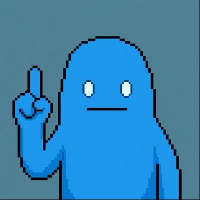 A blue cartoon-like figure with white dot eyes and a small line mouth, raising one finger upward against a teal background.