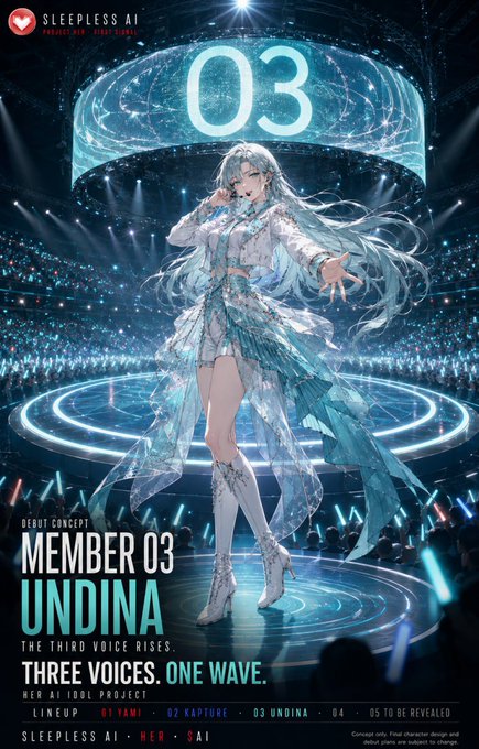 This is a promotional poster from Sleepless AI's "IDOL PROJECT" debut concert featuring "MEMBER 03 UNDINA," whose debut is captioned "THE THIRD VOICE RISES" alongside the tagline "THREE VOICES. ONE WAVE." The anime-style artwork depicts a long silver-haired virtual idol performing on stage with a large "03" illuminated above her, visually tying to the post's theme of announcing the third member joining lineups of YAMI (01), KAPTURE (02), and the yet-to-be-revealed fourth member.