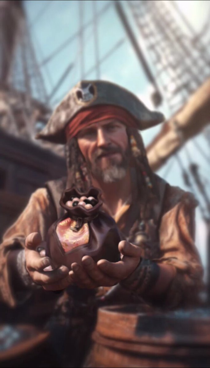 The image features a man wearing a pirate hat, holding an object that appears to be a small bag or pouch containing several items such as pearls and coins. The background of the image shows a ship with sails, suggesting that this scene takes place on a vessel. There is also text in the image that reads "Pack Purchased! Pearl: 500,000 Black Pearl: 3,500 Address: 0xbb6c...E24E Transaction: bscscan.com/tx/0x0a4aa5f17". The man holding the pouch seems to be a pirate who has just purchased some valuable items from a ship's cargo.