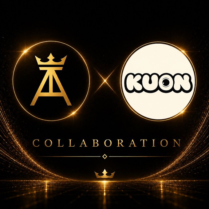 The image features a black background with gold accents that give it an elegant and luxurious appearance. The main focus of the image is a logo, which reads "collaboration" written in white text against a black background. Below this logo, there are two crowns - one on top of the other - positioned at different angles to create a sense of movement or dynamism. These crowns are gold and have a regal appearance that complements the overall design of the image. The presence of these crowns suggests that the collaboration between KUONnft Dreamwalkers and @KUONnft Dreamwalkers is an important and significant event in the world of cryptocurrency, as it represents the merging of two powerful forces within the industry.