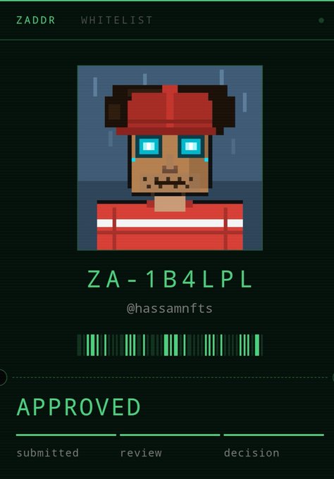 A ZADDR whitelist approval card for the user @hassamnfts with the code 'ZA-1B4LPL', featuring a pixel art character wearing a red hard hat and goggles, marked as 'APPROVED'.