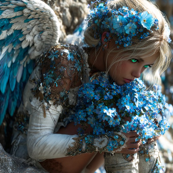 The image features a beautiful young woman with blonde hair, wearing an angel costume that includes wings and a headdress adorned with blue flowers. She holds a bouquet of blue flowers close to her face, creating a striking contrast between the vibrant colors of the flowers and her own appearance. The caption below the photo reads "She never stopped waiting for you— and neither did I. Forget-Me-Not Angel 15 xtz". This suggests that the woman is a fan of forget-me-nots or has a special connection with them, as they are often associated with love and remembrance.
