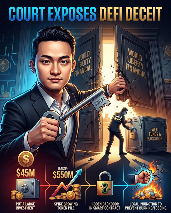 The image is an infographic-style illustration titled "COURT EXPOSES DEFI DECEIT," depicting Justin Sun using a $WLF1 key to break through a "World Liberty Financial" door, revealing a hidden scene of a figure securing a "WLF1 Funds & Backdoor" safe. Below, financial visuals highlight a $45M investment, a $550M token raise spike, a "hidden backdoor in smart contract," and a legal injunction to prevent burning tokens—visually summarizing the court rejection of World Liberty Financial's request in the dispute with Sun.