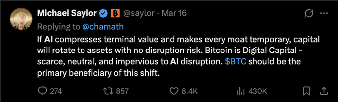 The image features a black background with white text, including a Twitter post by Michael Saylor. The post contains a message about Bitcoin and its potential impact on the economy. It also mentions that if AI compresses terminal value and makes every modest temporary capital asset subject to disruption risk, Bitcoin is likely to be the primary beneficiary of this shift in the financial system.