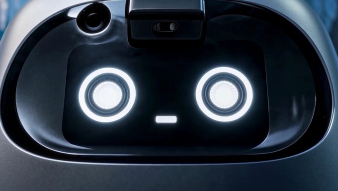 A close-up of a dark robot face with two large, illuminated circular eyes and a small horizontal glowing mouth.