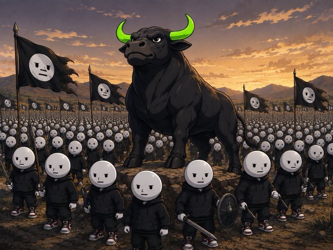 An army of small, dark-hooded figures with blank white faces stands beneath a giant black bull with glowing green horns, flanked by matching bull-themed banners against a sunset sky. The image visually represents the "$ANSEM vs. $MANLET" crypto rivalry, with the towering bull symbolizing dominance over a legion of identical followers.