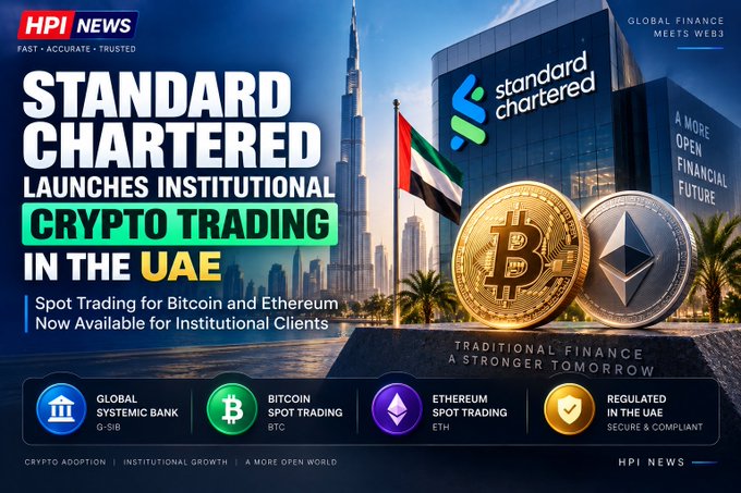 A news graphic titled 'HPI NEWS' announcing 'STANDARD CHARTERED LAUNCHES INSTITUTIONAL CRYPTO TRADING IN THE UAE', featuring Bitcoin and Ethereum coins, the UAE flag, and Dubai skyline.