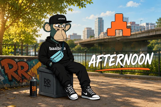 A cartoon monkey character wearing a black cap, black hoodie, and black pants sits on a concrete block holding a blue spray paint can in an urban park setting with a bridge and cityscape in the background. The text 'AFTERNOON' is displayed in white with an orange outline, alongside an orange geometric logo and graffiti reading 'RR'.