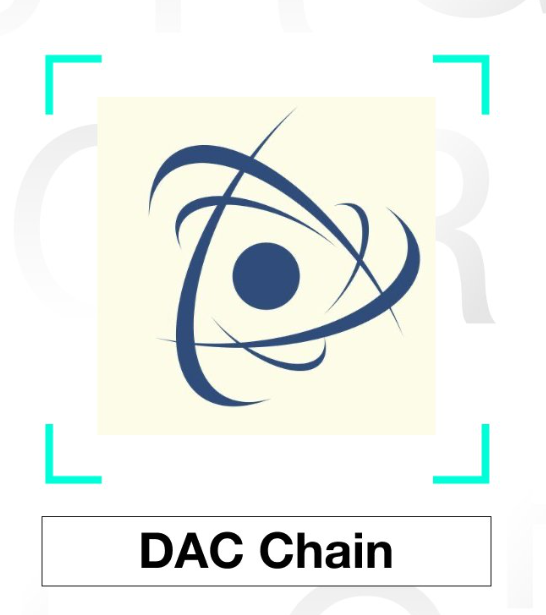 The image displays the DAC Chain logo, featuring a stylized navy blue atom-like design with orbiting rings, framed by teal corner brackets, with the text "DAC Chain" in a label below. The visual ties directly to the post's focus on @dac_chain, reinforcing the brand identity while the caption highlights DAC Chain as a foundation for building enterprise-grade tools rather than just another blockchain.