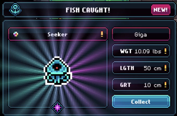A pixel art 'FISH CAUGHT!' screen showing a 'Seeker' fish labeled as 'Giga' with stats: WGT 10.09 lbs, LGTH 50 cm, GRT 10 cm, and a 'Collect' button.